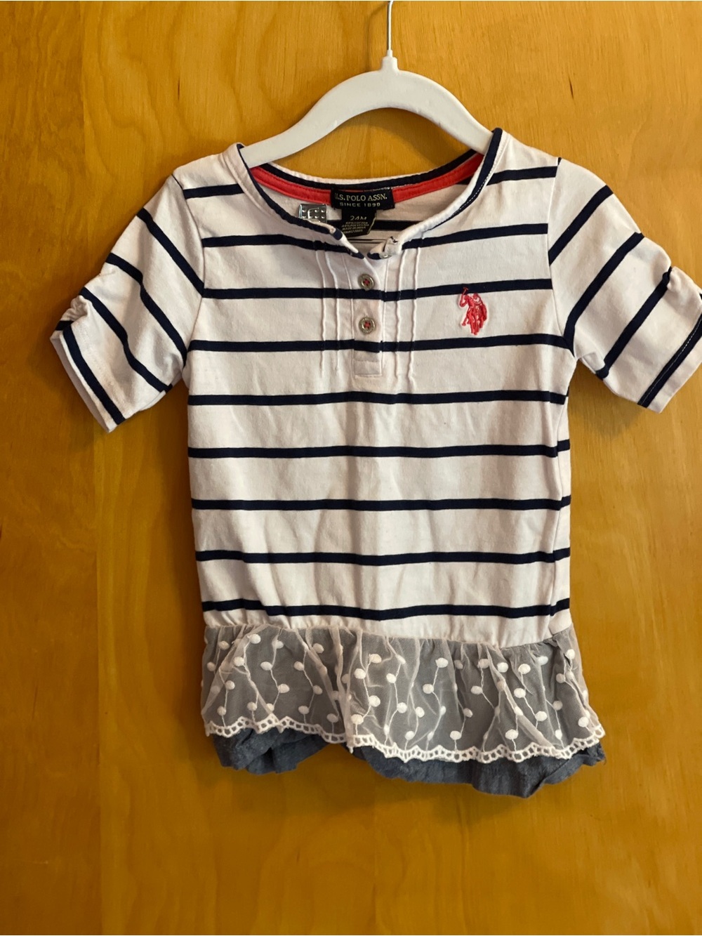 Polo Girls' White & Navy Striped Henley Top with Eyelet Ruffle